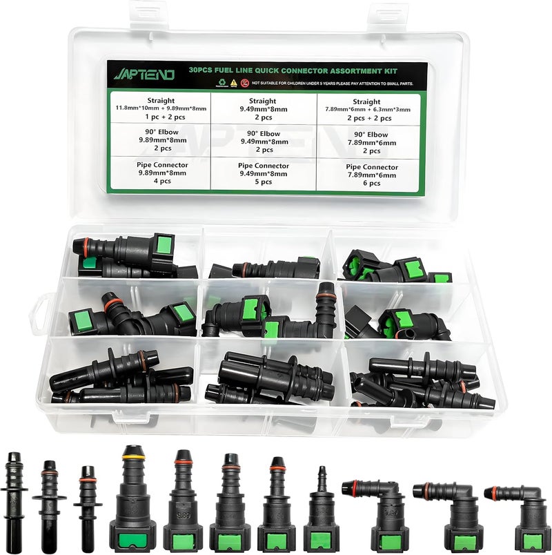 Japtend Fuel Line Repair Kit, 30pcs Fuel Line Quick Connector Assortment Kit 11 Size Hose Release Connect Straight Elbow Pipe Connector Fittings SAE 6.3mm to 11.8mm - Image 1